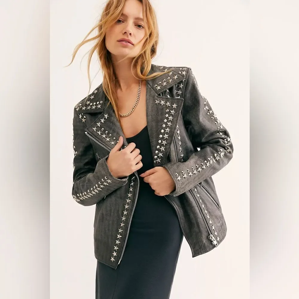 Free People x Understated Leather Star Studded Distressed Jacket - Picture 1 of 10